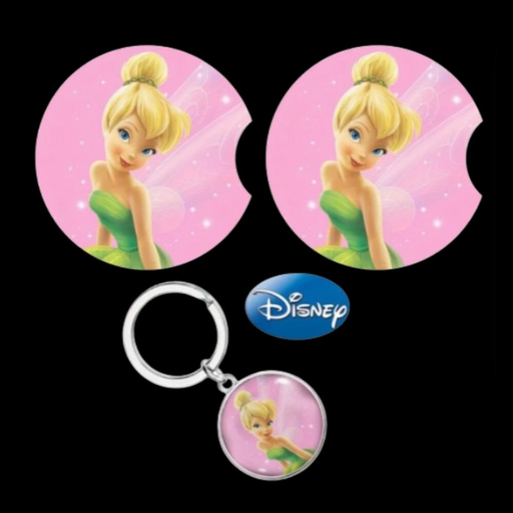 NEW 3pcs Disney Tinkerbell Neoprene Car Coasters & Key Chain Bundle - Picture 1 of 7